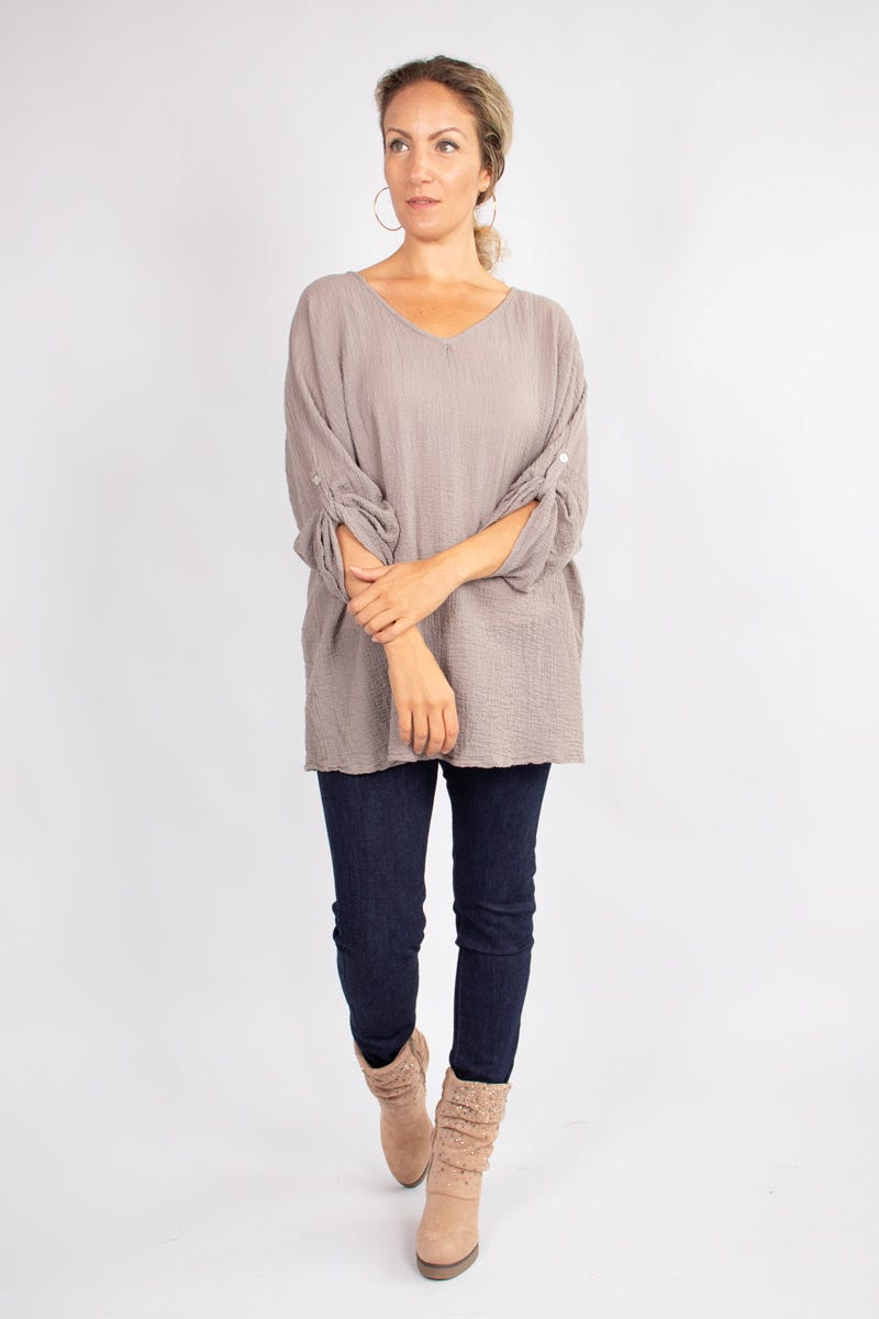 Blus m. 3/4 ärmar, Taupe