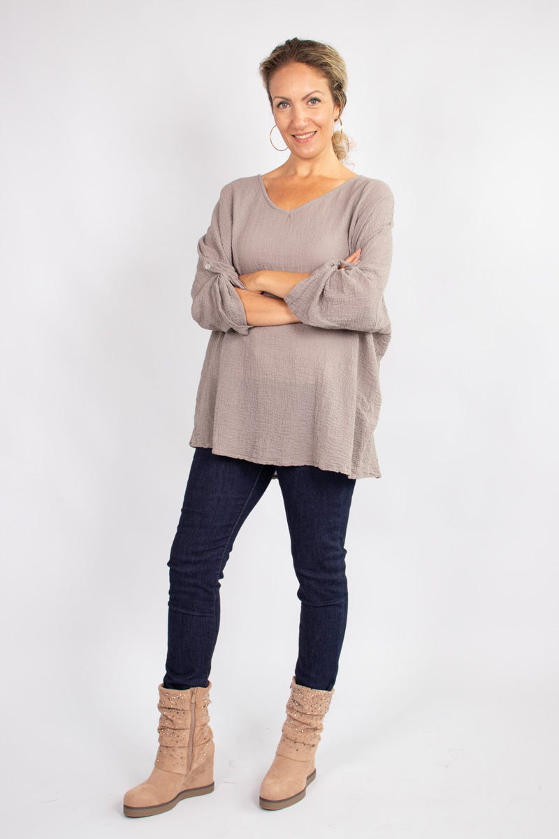 Blus m. 3/4 ärmar, Taupe