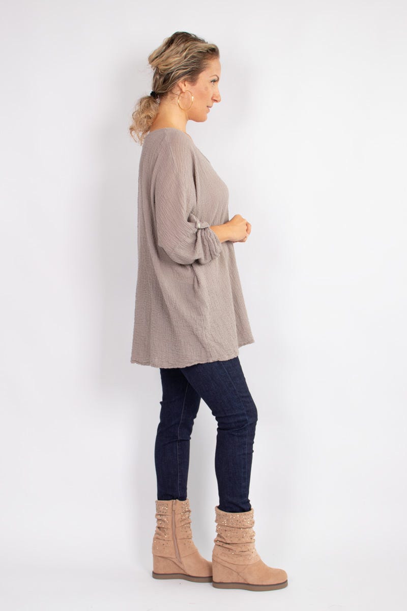 Blus m. 3/4 ärmar, Taupe