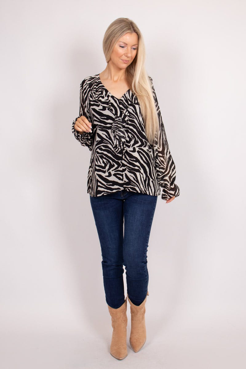 Volangblus m. zebraprint, Svart