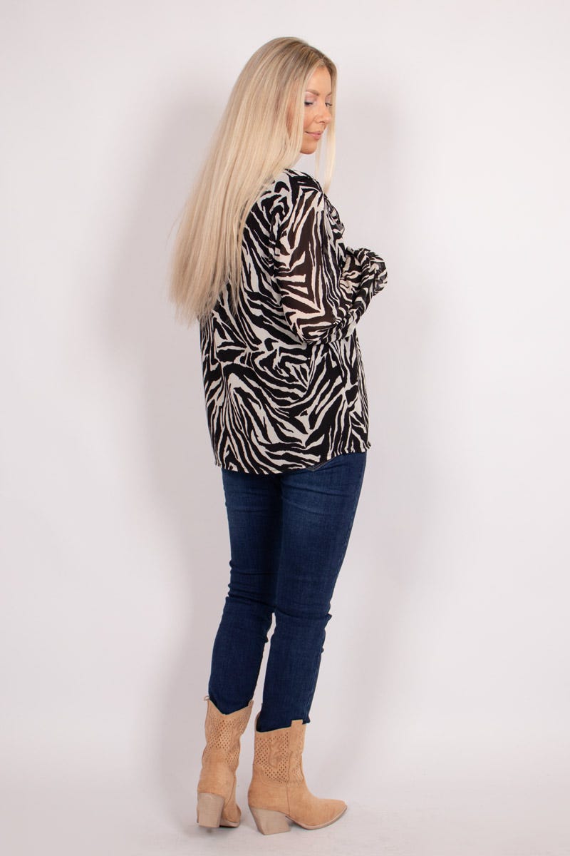 Volangblus m. zebraprint, Svart