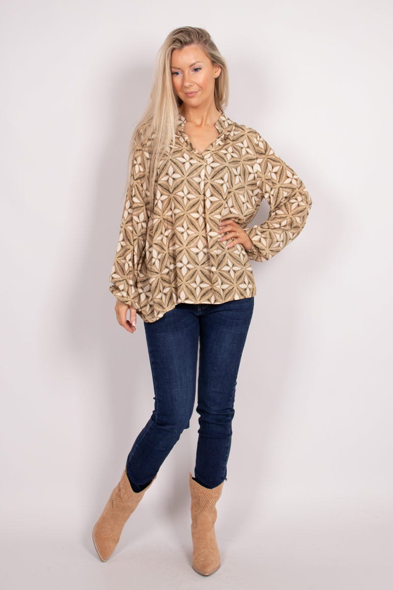 Blus m. print, Beige