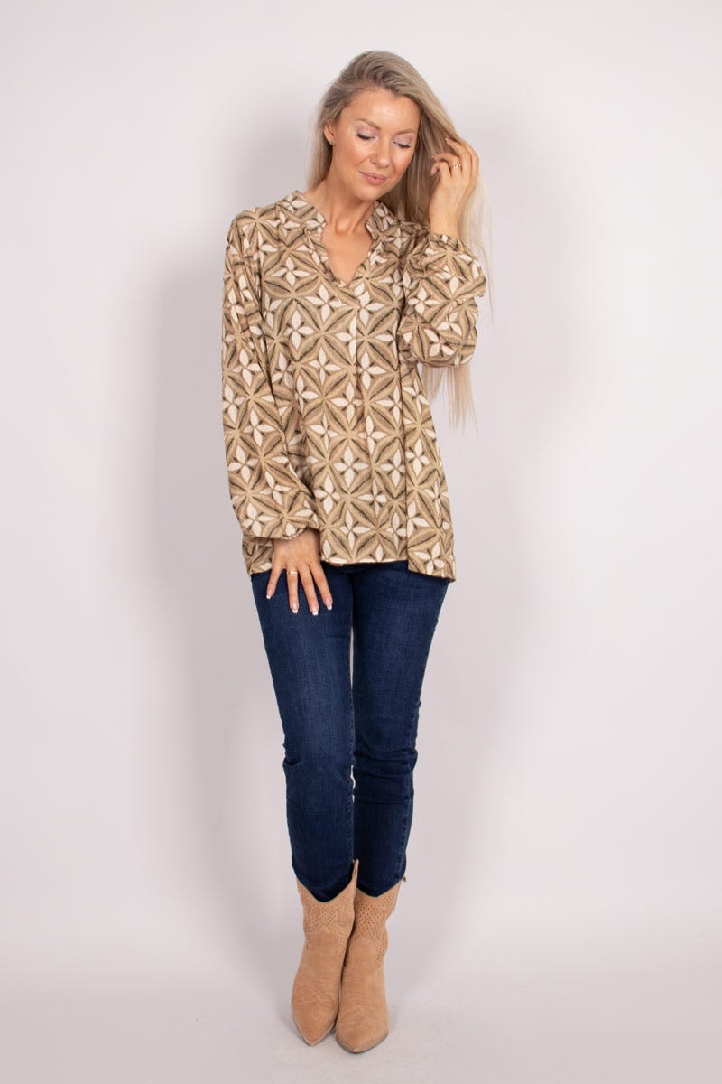 Blus m. print, Beige