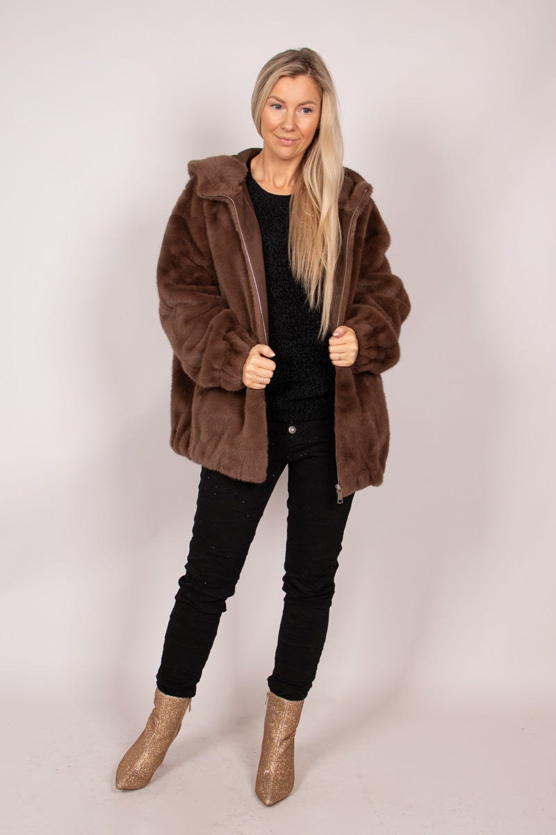 Faux fur jacka m. luva, Brun