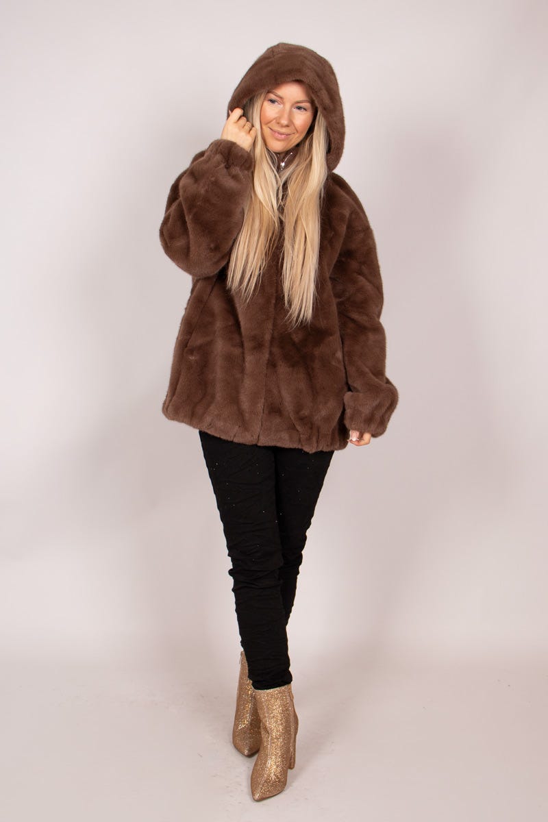 Faux fur jacka m. luva, Brun