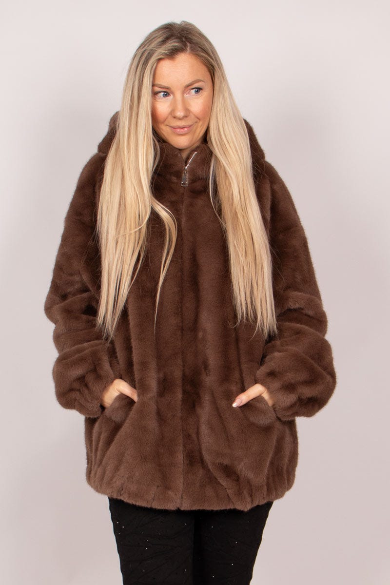 Faux fur jacka m. luva, Brun