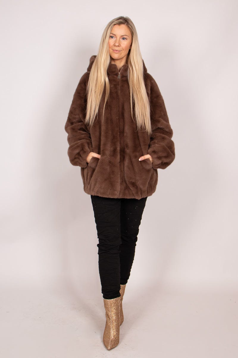 Faux fur jacka m. luva, Brun