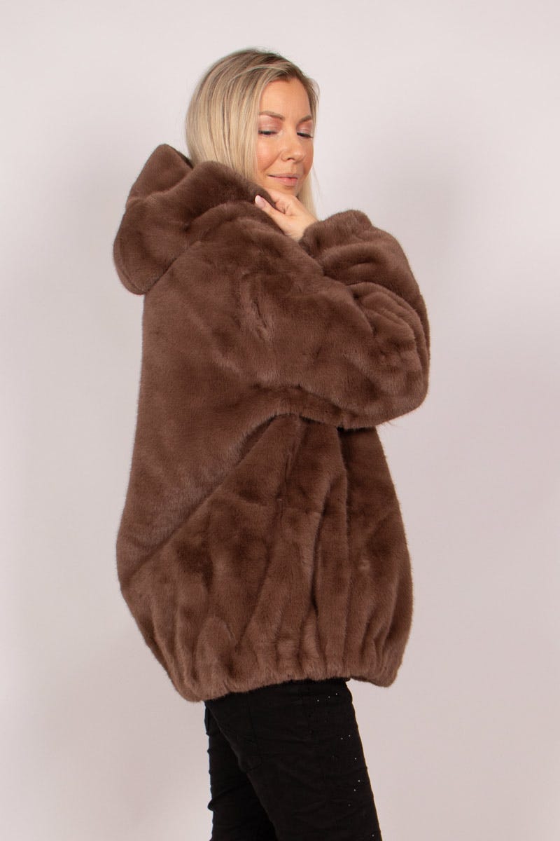 Faux fur jacka m. luva, Brun