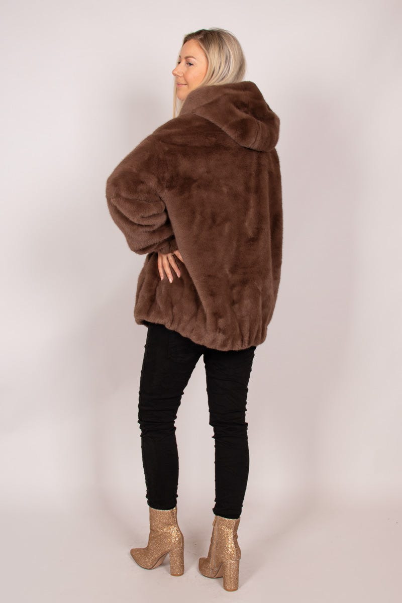 Faux fur jacka m. luva, Brun