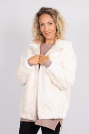 Faux fur jakke m. hætte Hvid