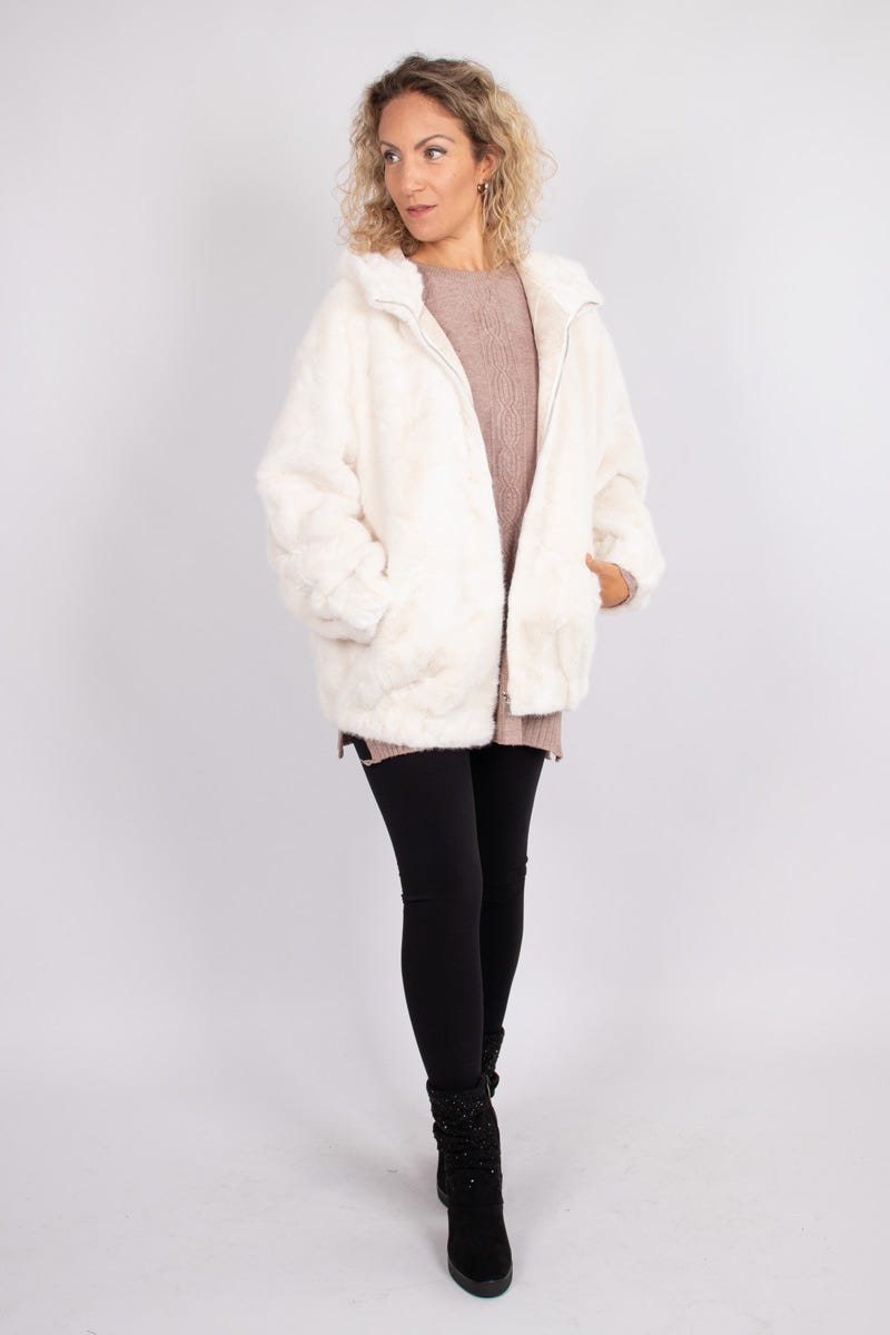 Faux fur jacka m. luva, Vit