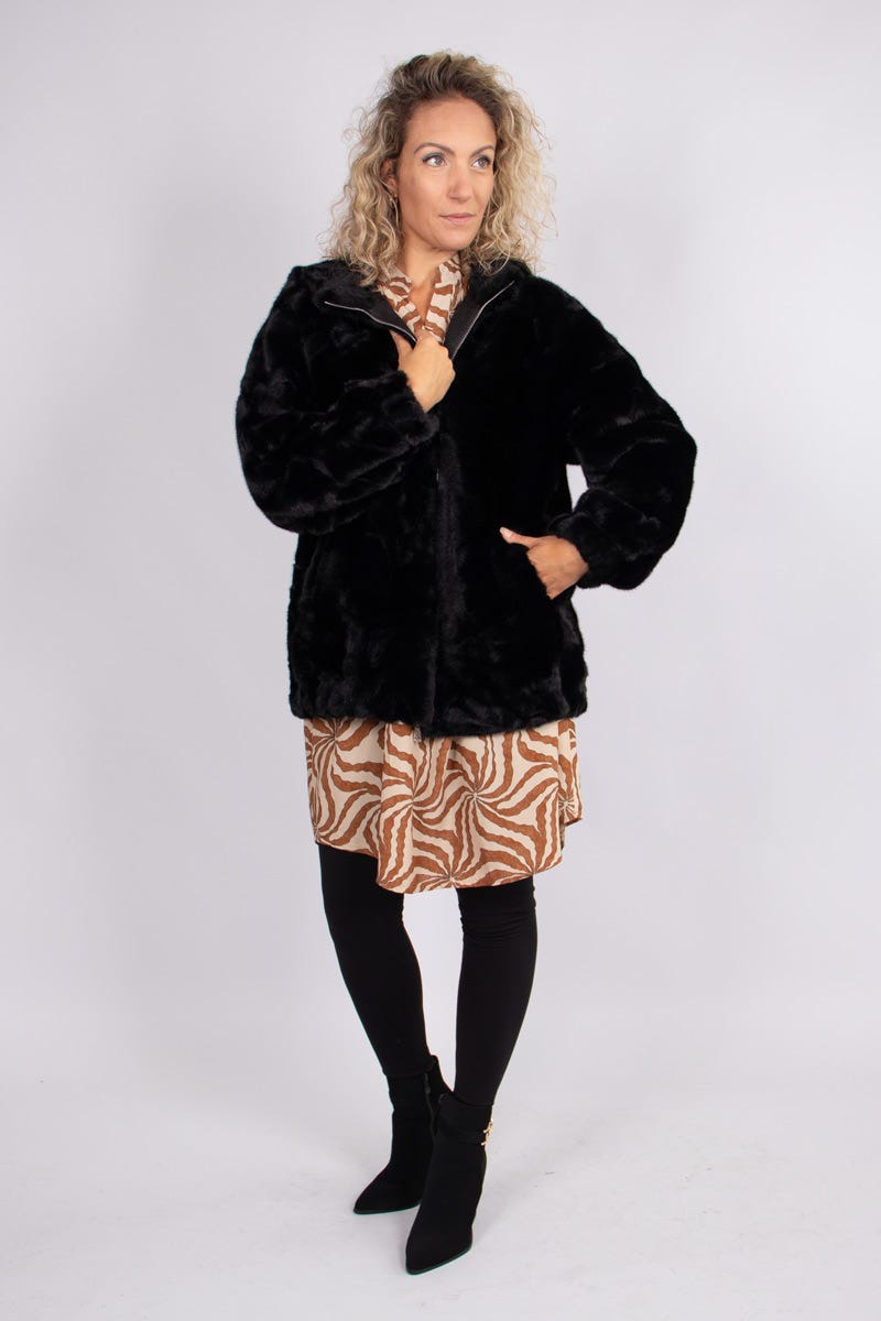 Faux fur jacka m. luva, Svart