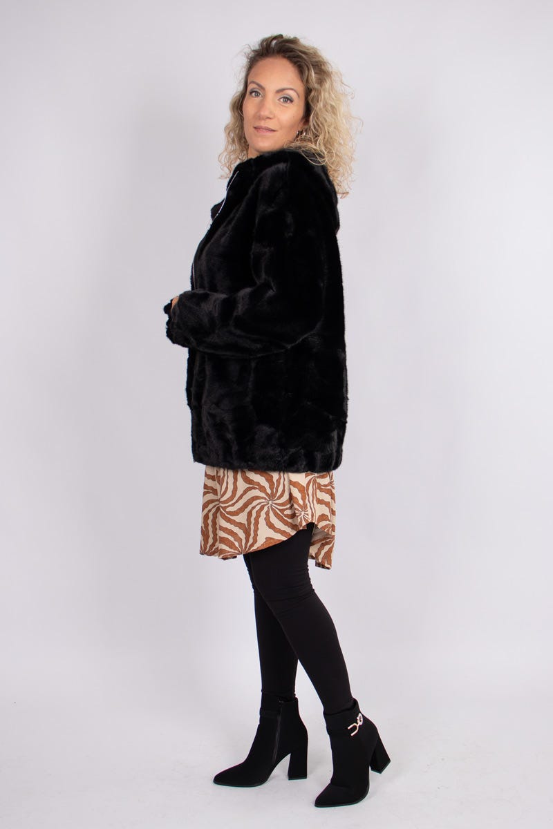 Faux fur jacka m. luva, Svart