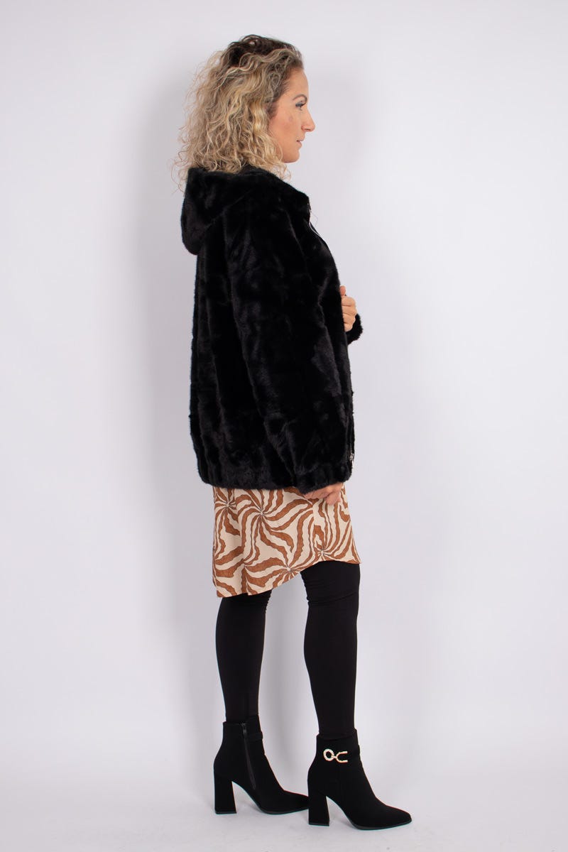 Faux fur jacka m. luva, Svart