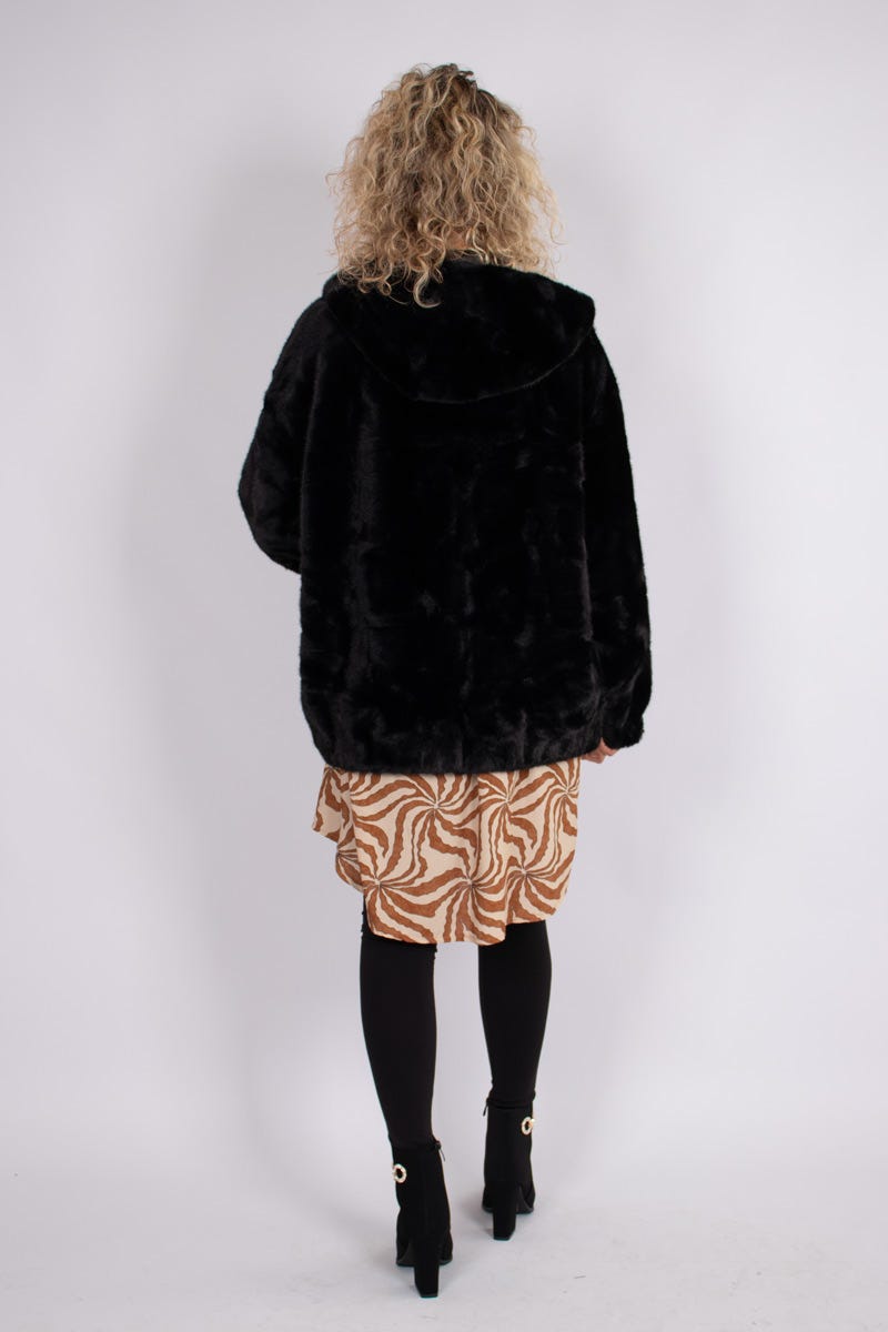 Faux fur jacka m. luva, Svart