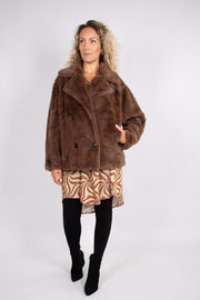 Faux fur jakke m. krave Brun