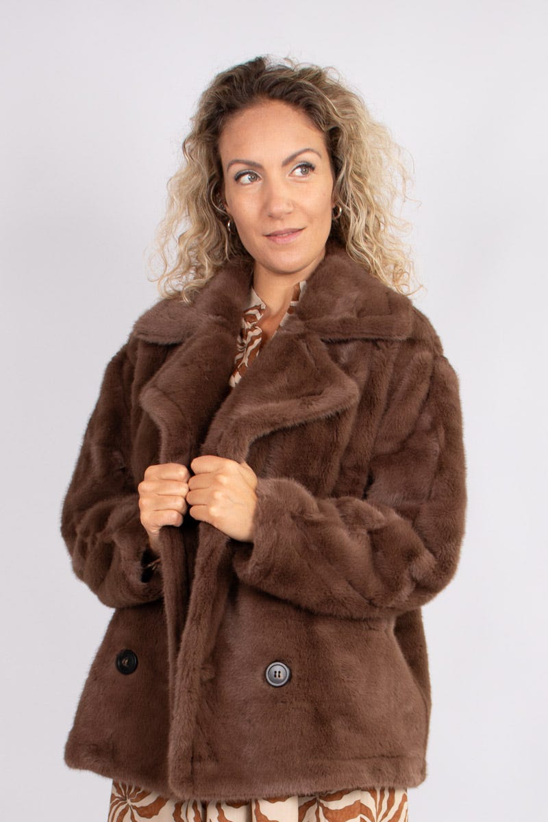 Faux fur jacka m. krage, Brun