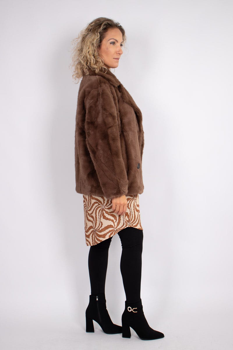 Faux fur jacka m. krage, Brun