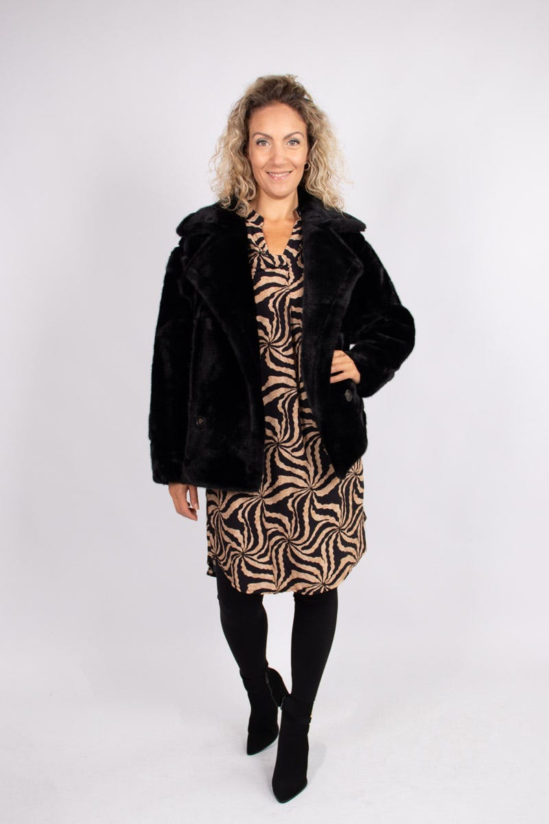 Faux fur jacka m. krage, Svart