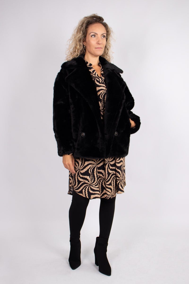 Faux fur jacka m. krage, Svart