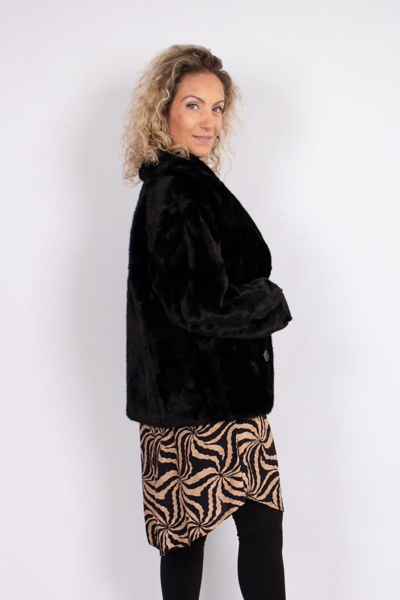 Faux fur jacka m. krage, Svart