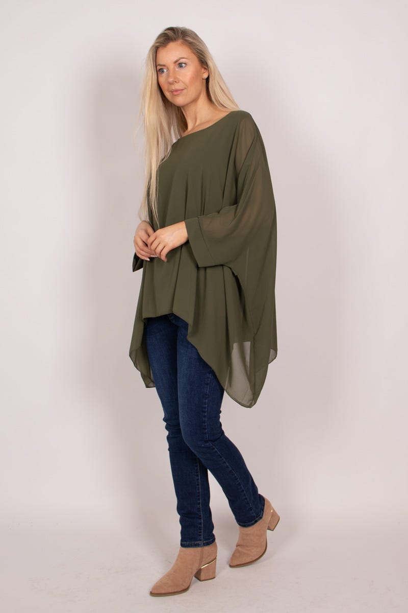 Batwing chiffongtop, Khaki