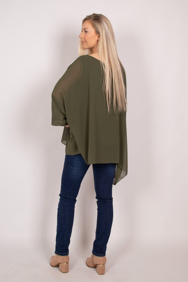 Batwing chiffongtop, Khaki