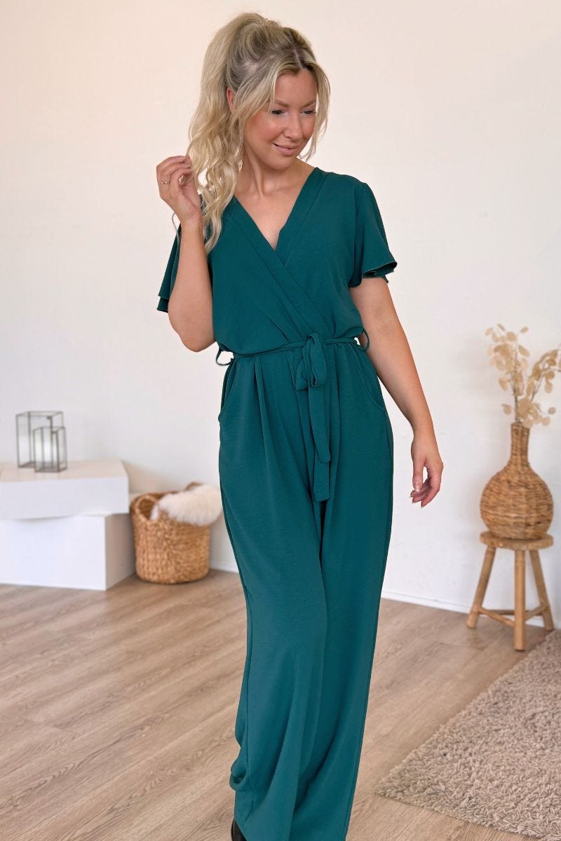 Jumpsuit m. volangärm, Aqua