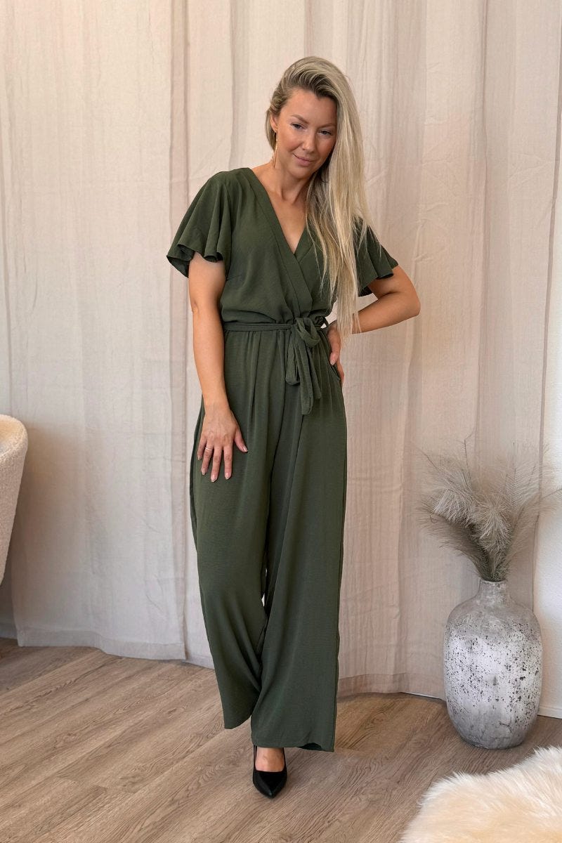 Jumpsuit m. volangärm, Khaki