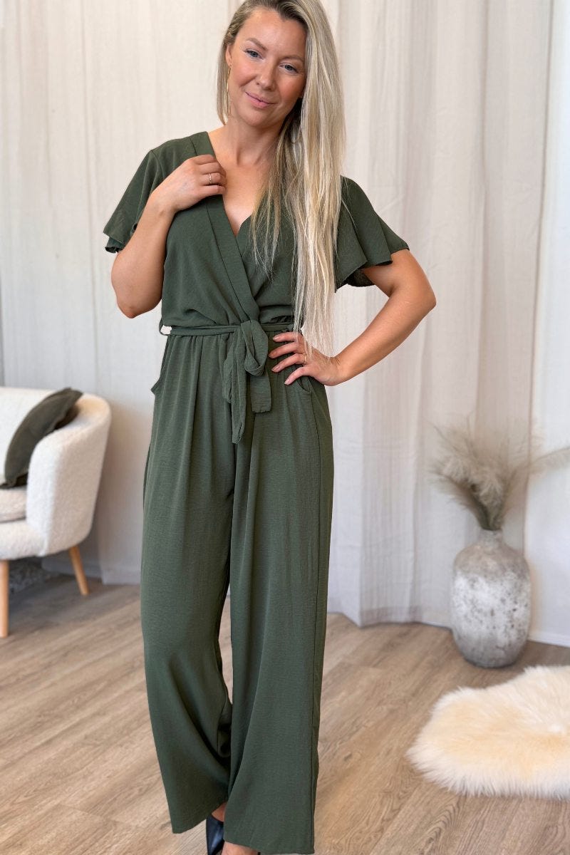 Jumpsuit m. volangärm, Khaki