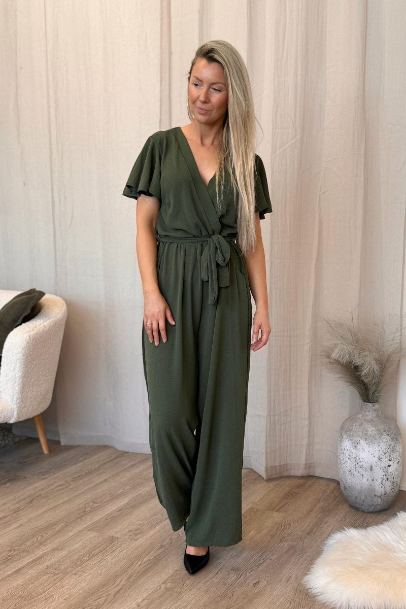 Jumpsuit m. volangärm, Khaki