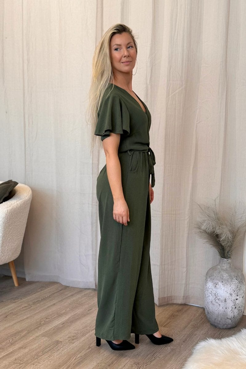 Jumpsuit m. volangärm, Khaki