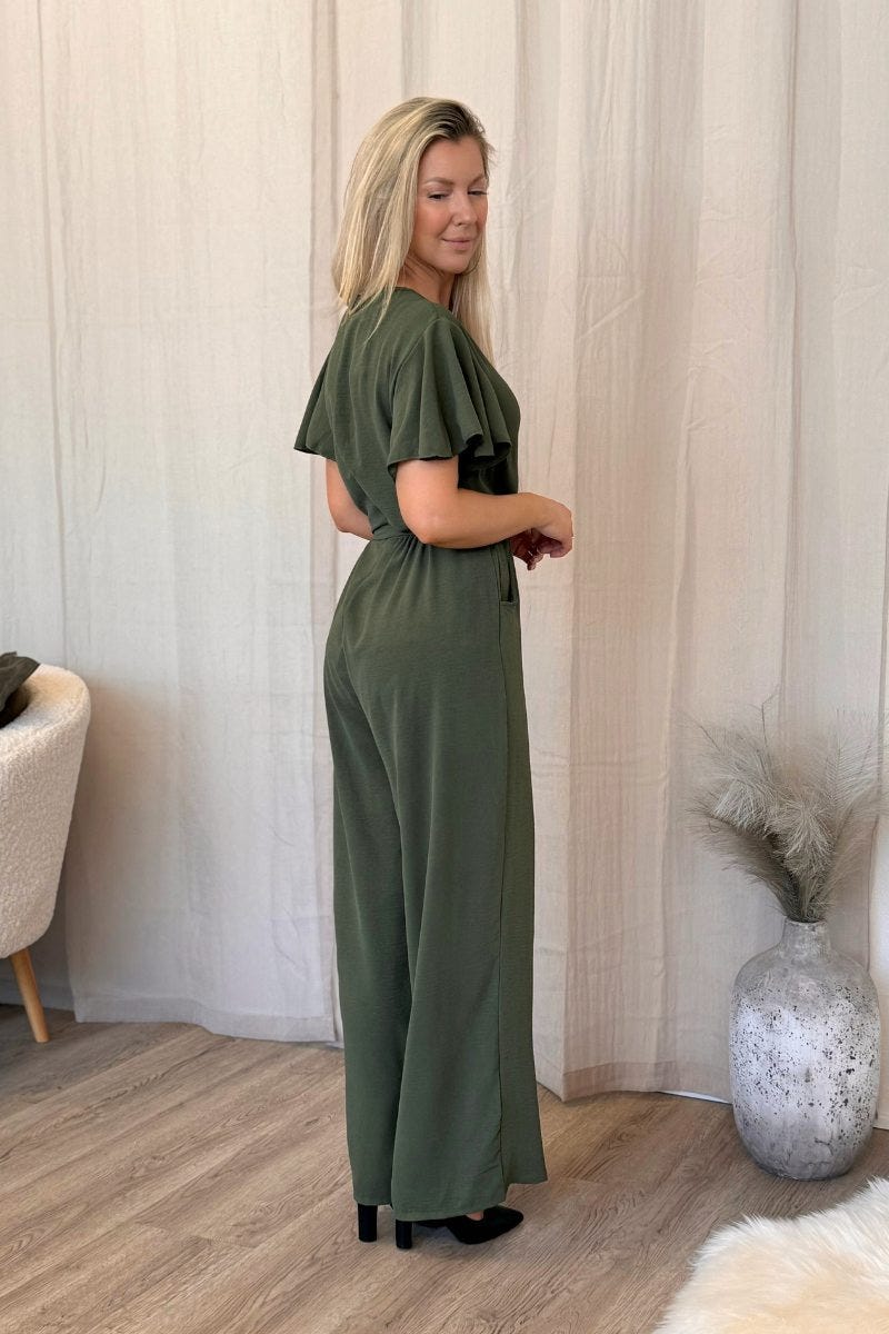 Jumpsuit m. volangärm, Khaki