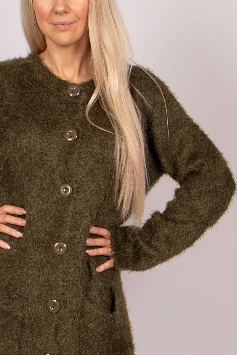 Lång stickad cardigan m. knappar, Khaki