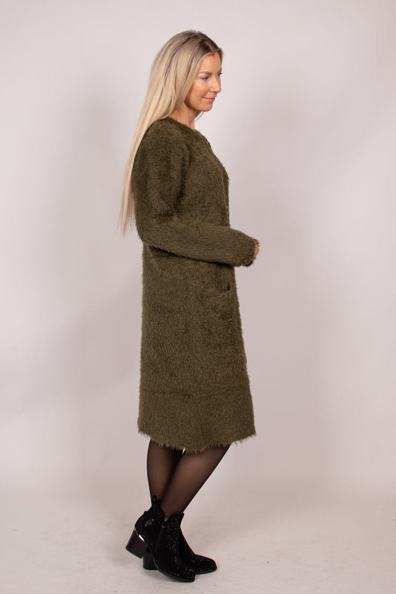 Lång stickad cardigan m. knappar, Khaki