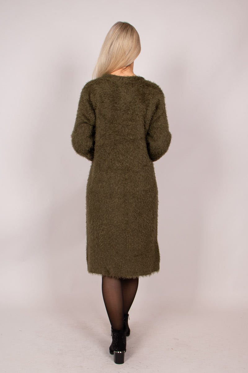 Lång stickad cardigan m. knappar, Khaki