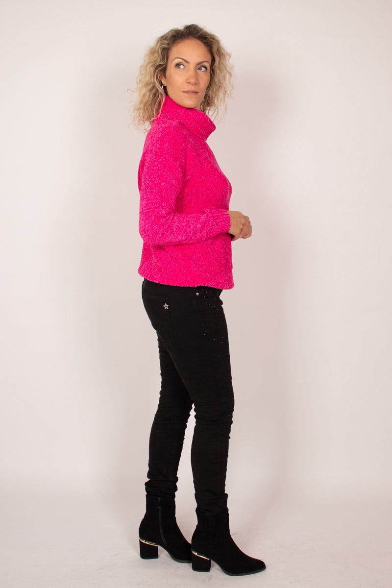 Chenille strik m. rullekrave Pink