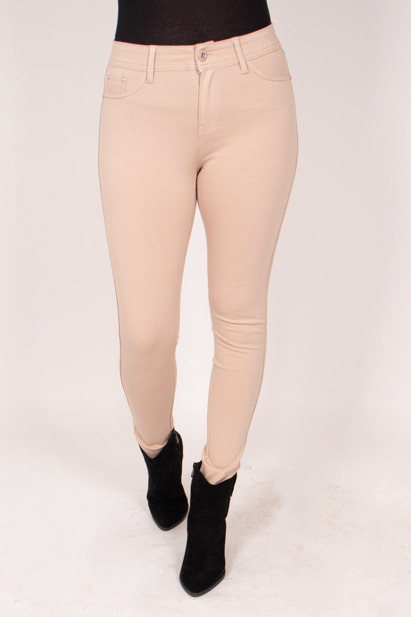 Slim fit-byxor m. glitterknappar, Beige