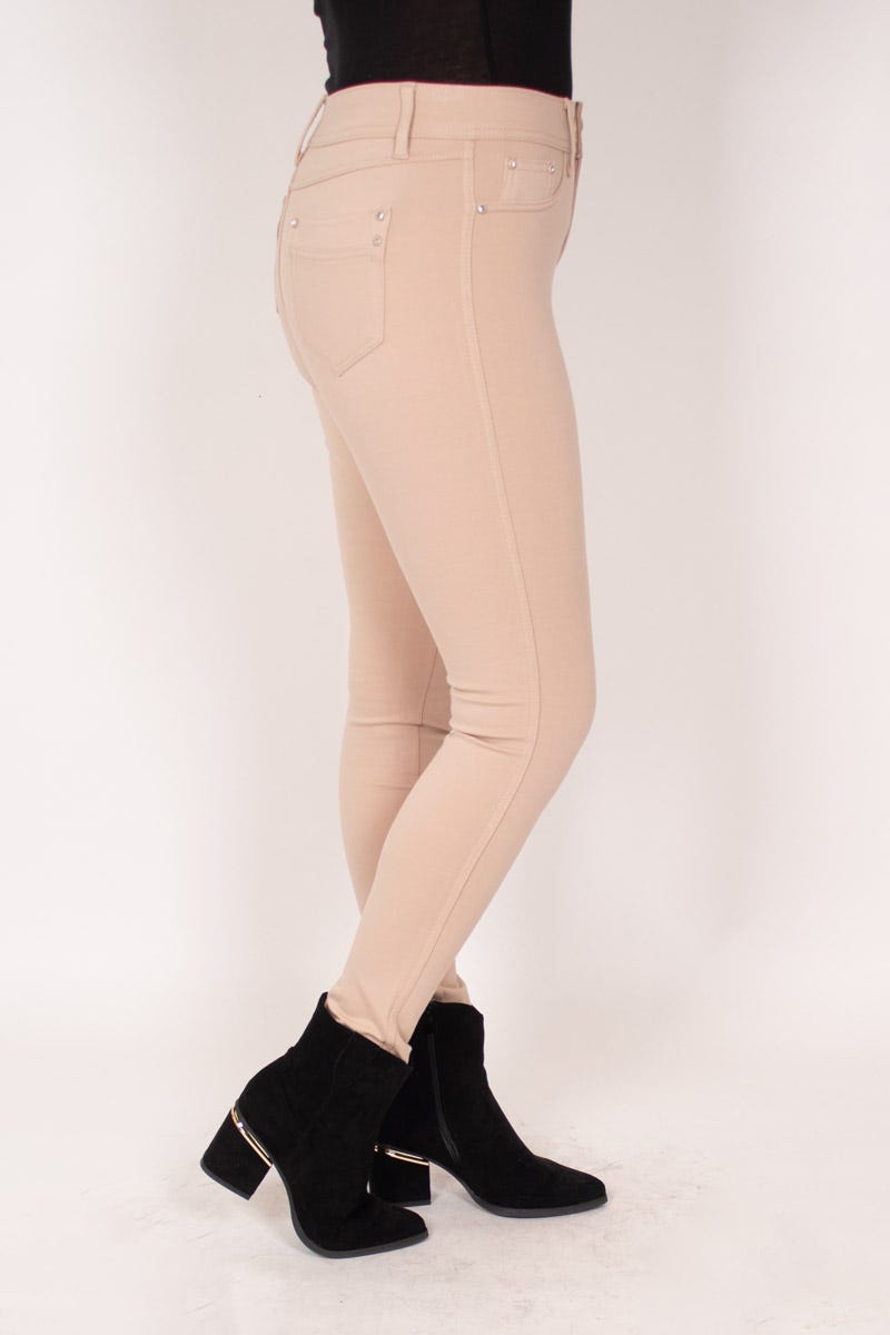 Slim fit-byxor m. glitterknappar, Beige