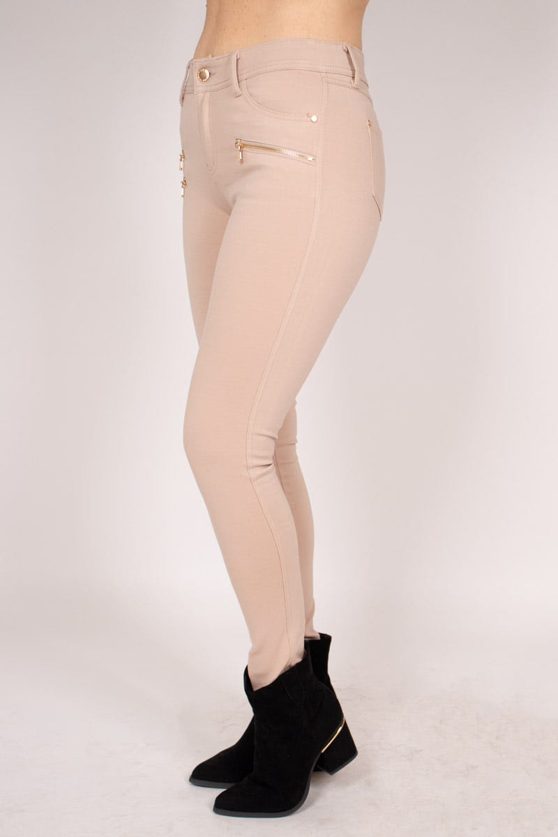 Slim fit-byxor m. tre blixtlås, Beige