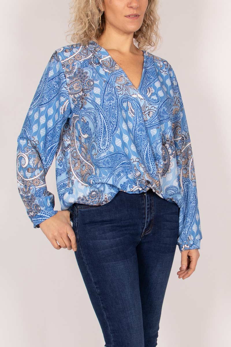 Crossover bluse m. paisley print Blå