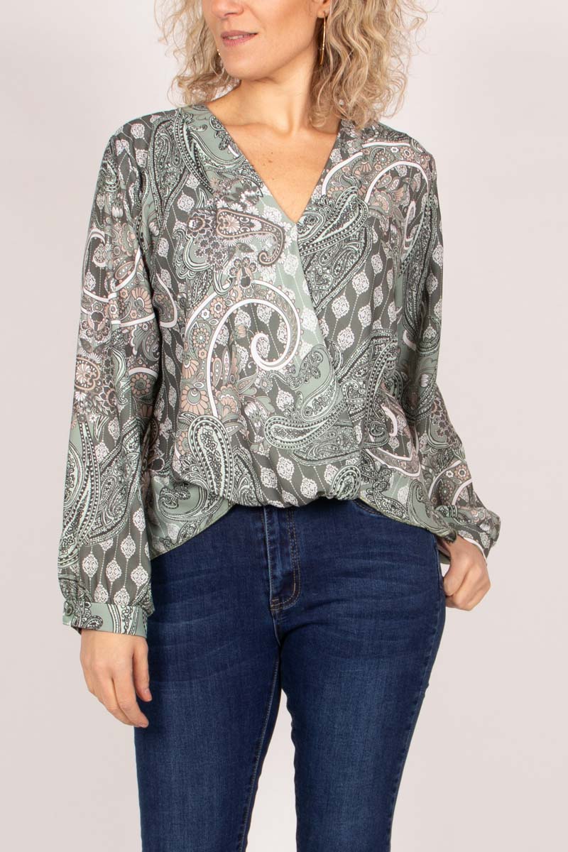 Crossover bluse m. paisley print Grøn