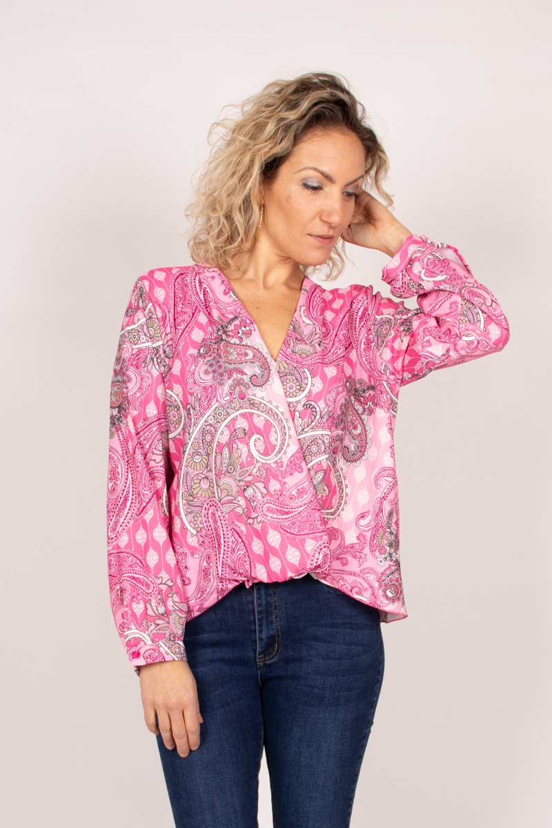 Crossover blus m. paisleyprint, Rosa