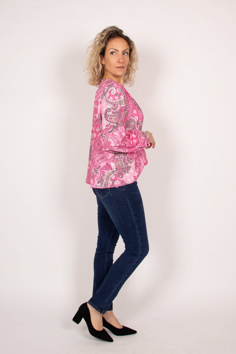 Crossover blus m. paisleyprint, Rosa