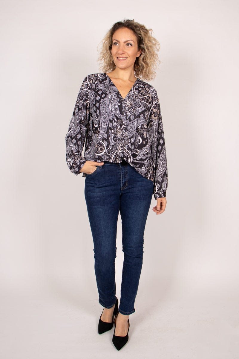 Crossover blus m. paisleyprint, Svart