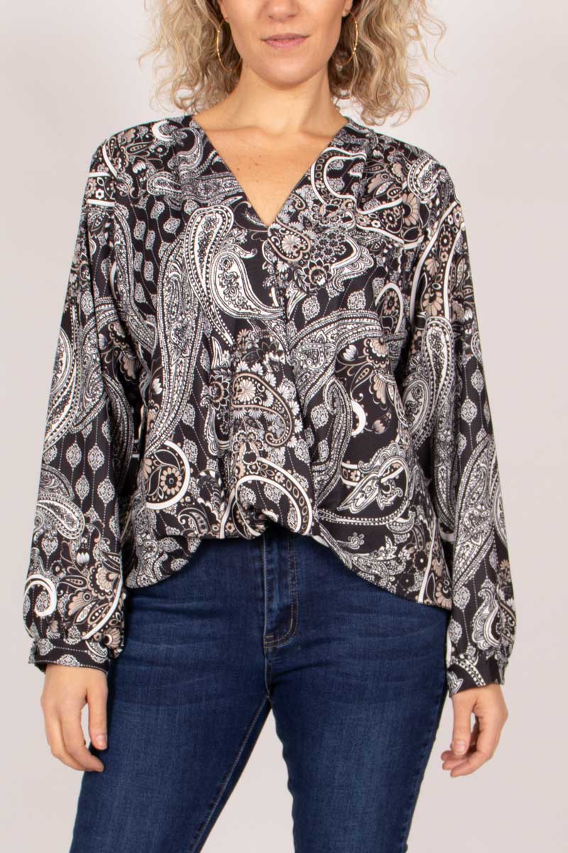 Crossover blus m. paisleyprint, Svart