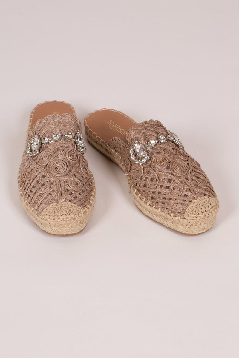 Espadrillos m. öppen häl och strasspänne, Taupe