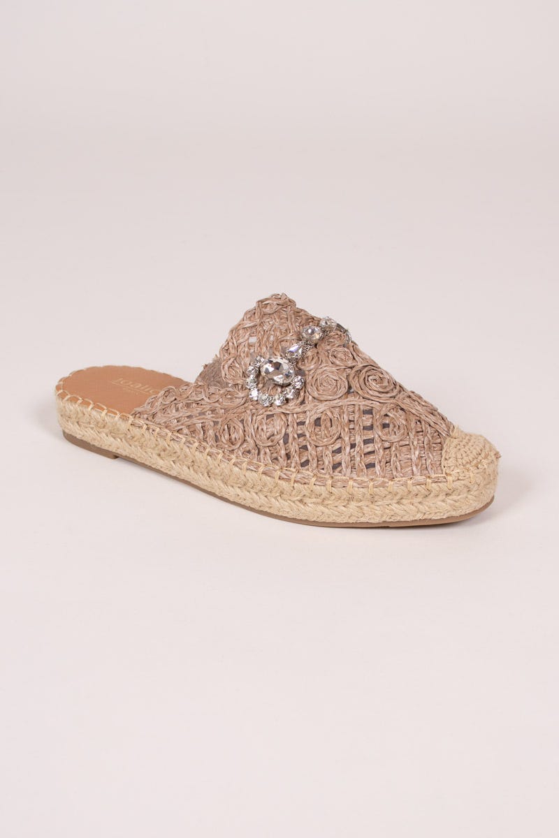 Espadrillos m. öppen häl och strasspänne, Taupe