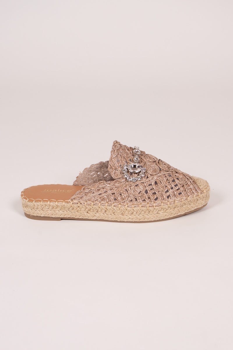 Espadrillos m. öppen häl och strasspänne, Taupe