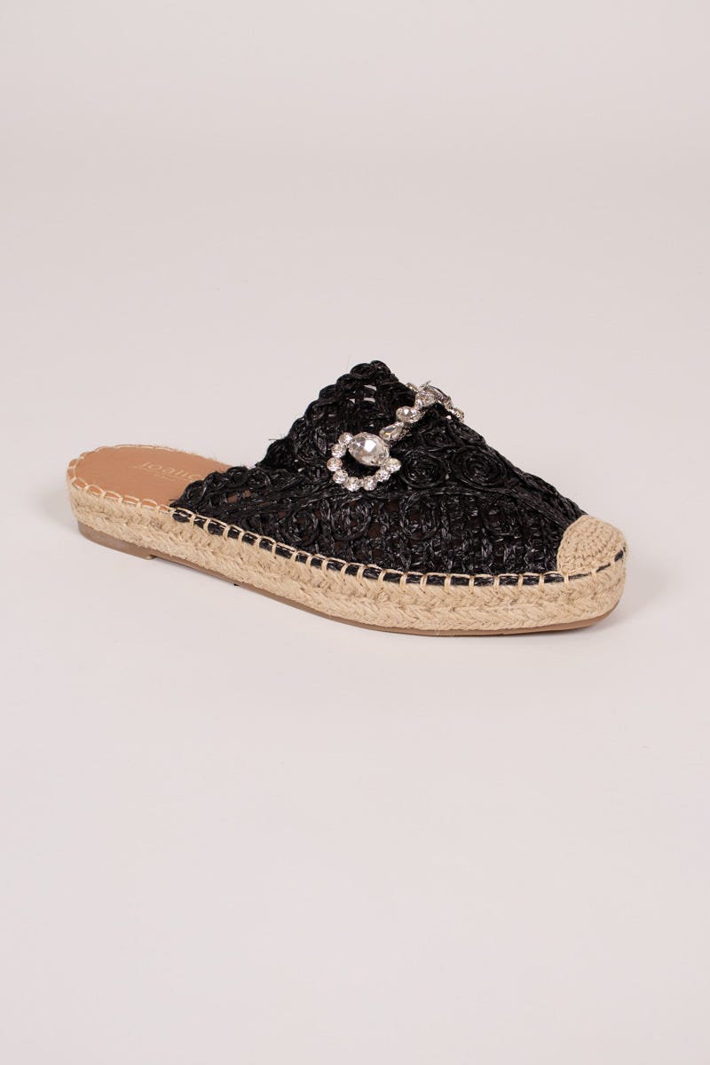 Espadrillos m. öppen häl och strasspänne, Svart